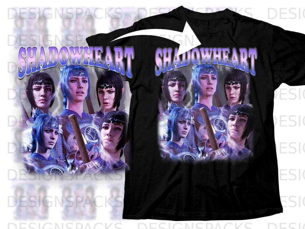 Black t-shirt with "SHADOWHEART" text and four women characters in armor.