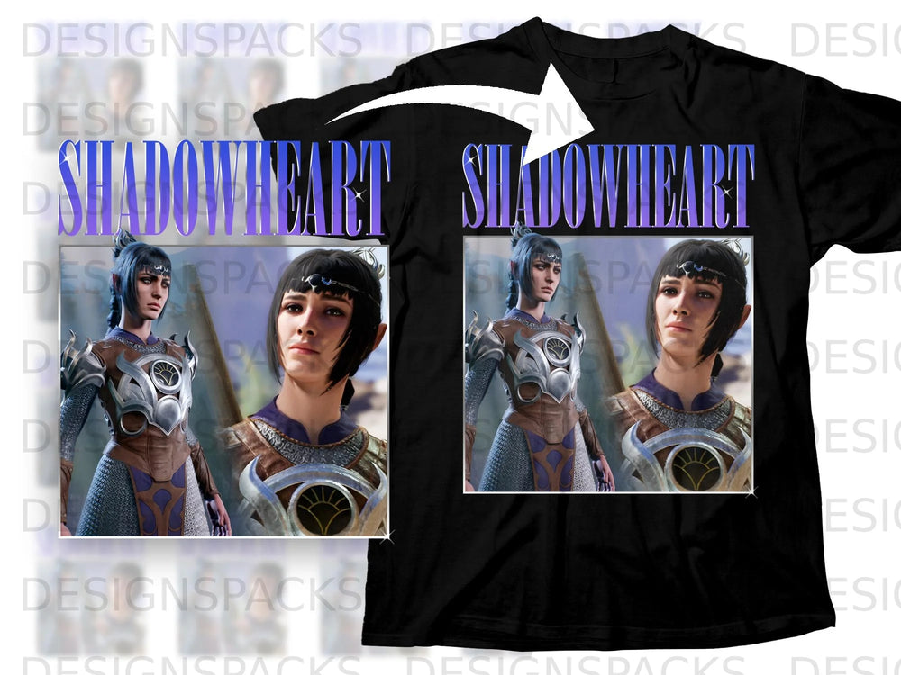 Black t-shirt with "SHADOWHEART" text and two character portraits.