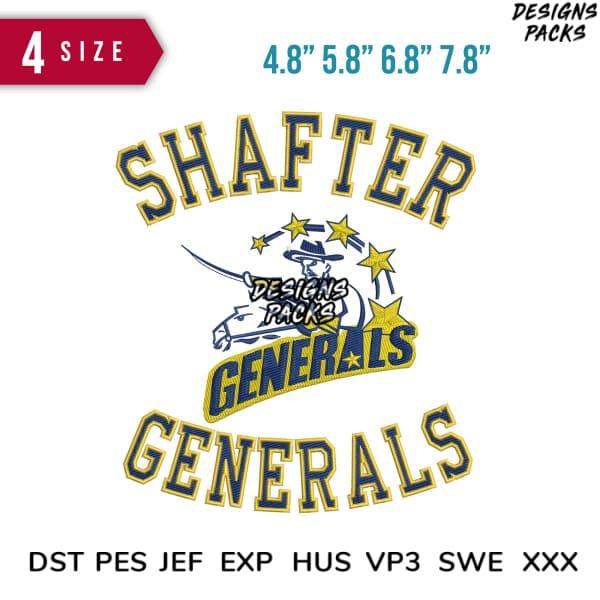 Shafter Generals embroidery design with stars and mascot, available in multiple sizes and formats