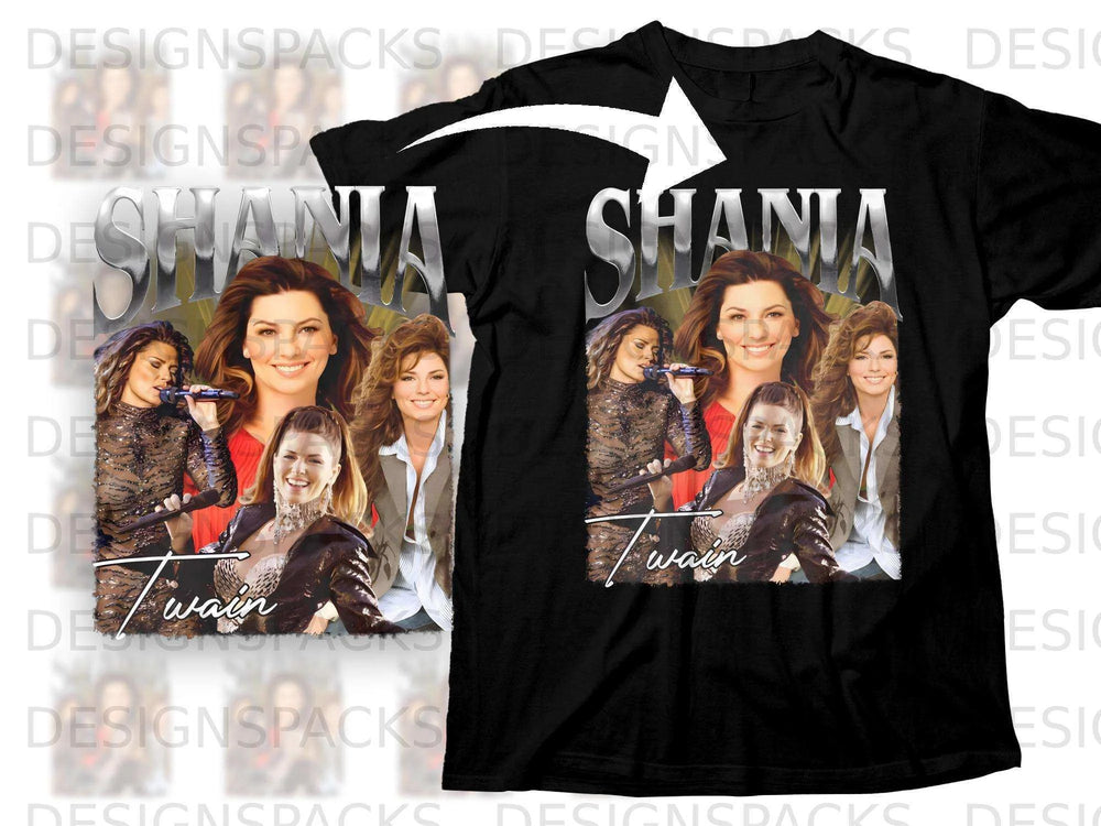 Black t-shirt with Shania Twain graphic featuring collage of photos.