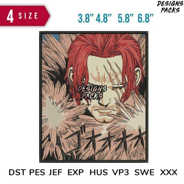 Anime character embroidery design with red hair, available in multiple sizes and formats