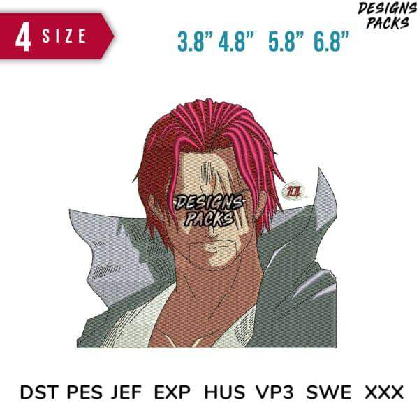 Anime character embroidery design with 4 size options, compatible with DST PES JEF formats