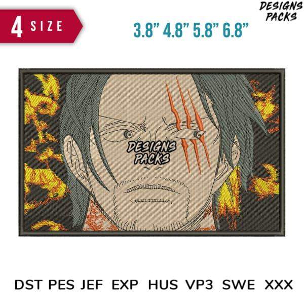 Embroidery design of anime character with scars, available in multiple sizes and formats