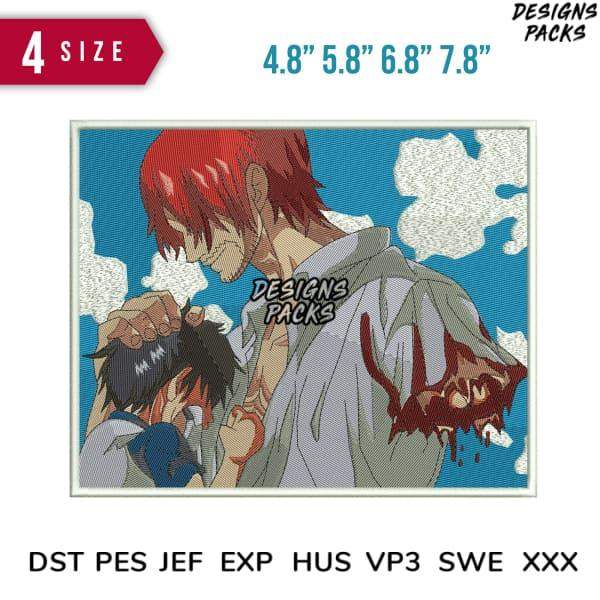 Anime embroidery design with red-haired character, available in 4 sizes and multiple formats