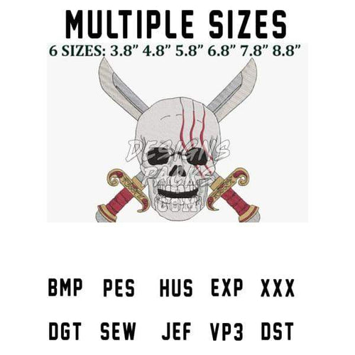 Skull with crossed swords embroidery design in multiple sizes, compatible with PES, DST, and other formats