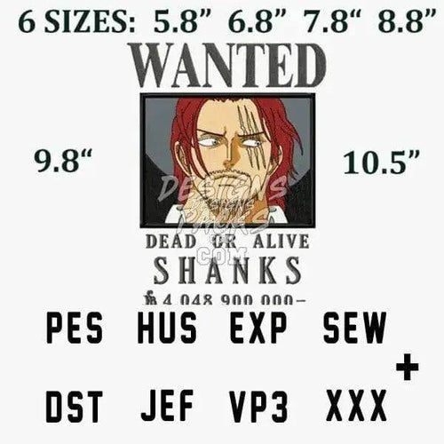 Shanks Wanted One Piece Anime Embroidery Design