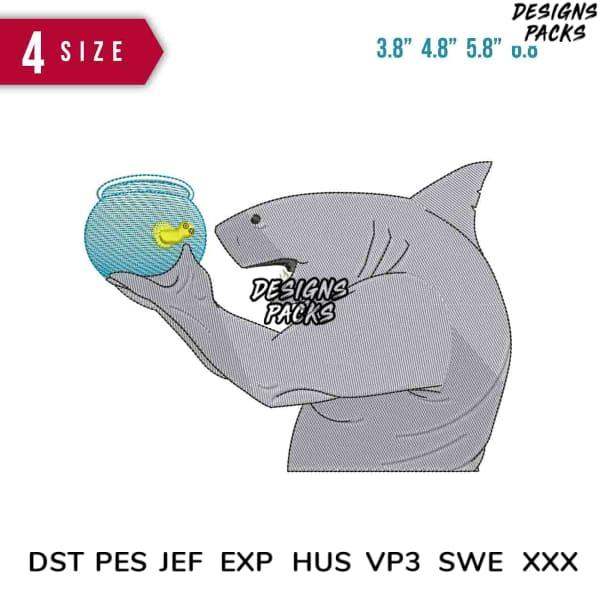 Embroidery design of shark holding fishbowl, available in PES, DST, JEF formats for instant download