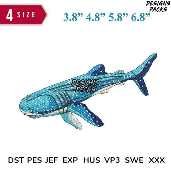 Blue whale shark embroidery design in 4 sizes, available in DST PES JEF formats for instant download.