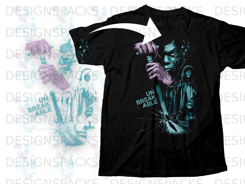 Black t-shirt with graphic depicting "Unbreakable" movie characters and shattered glass.