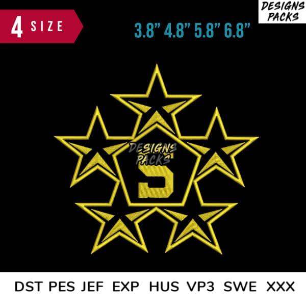 Yellow star embroidery design in 4 sizes, compatible with DST PES JEF formats for instant download.