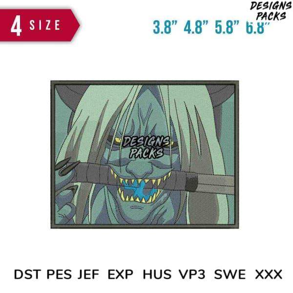 Embroidery design of fierce monster with sharp teeth, available in PES, DST, JEF formats for instant download