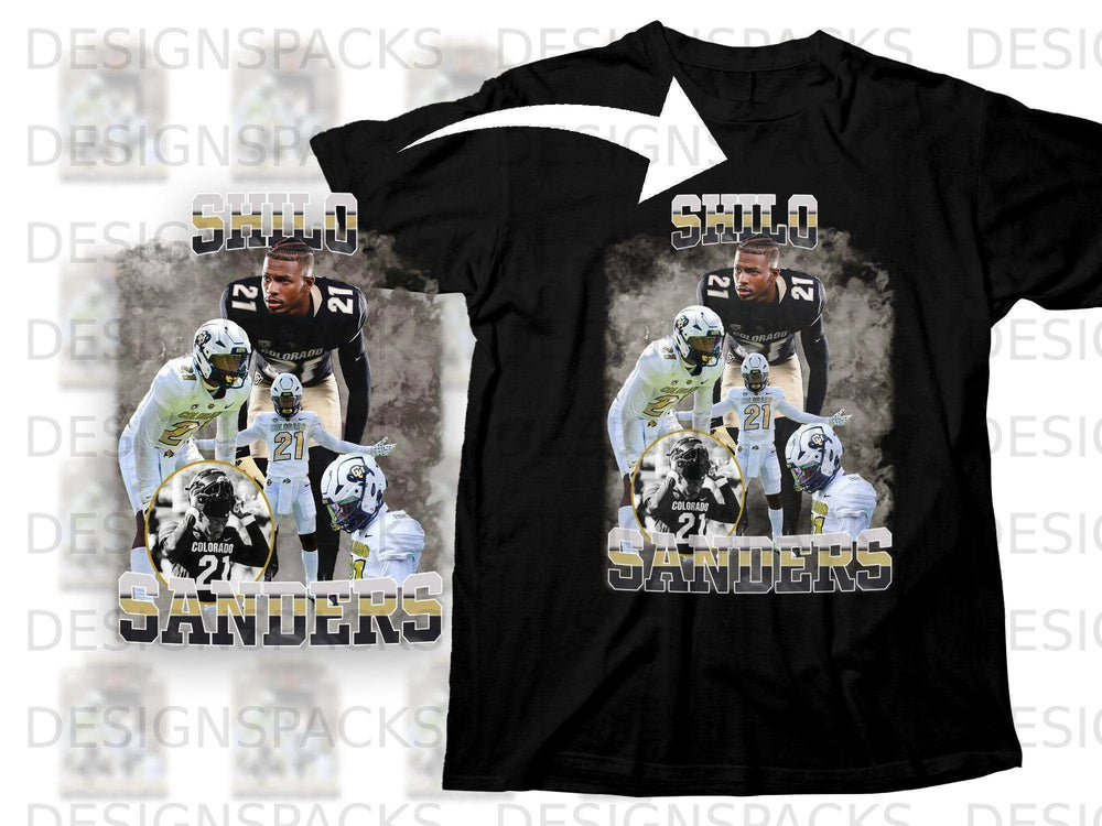 Colorado Buffaloes Shilo Sanders 21 t-shirt design with player photos.