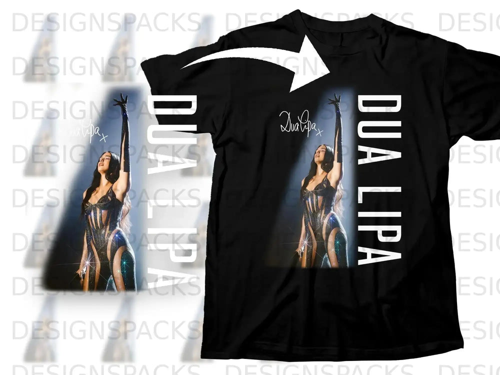 Black t-shirt with Dua Lipa graphic and signature.