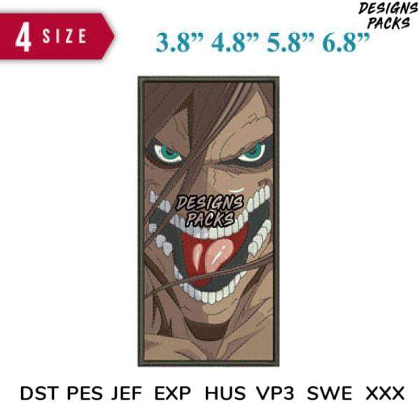 Anime Titan face embroidery design in 4 sizes, compatible with DST PES JEF formats for instant download