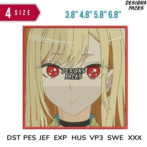 Anime girl embroidery design with red eyes, available in multiple sizes and formats