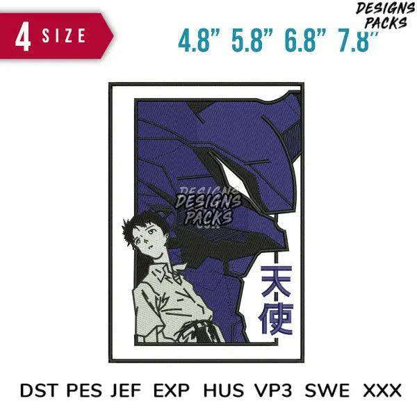 Anime-style embroidery design with purple background, Japanese text, available in 4 sizes & multiple formats