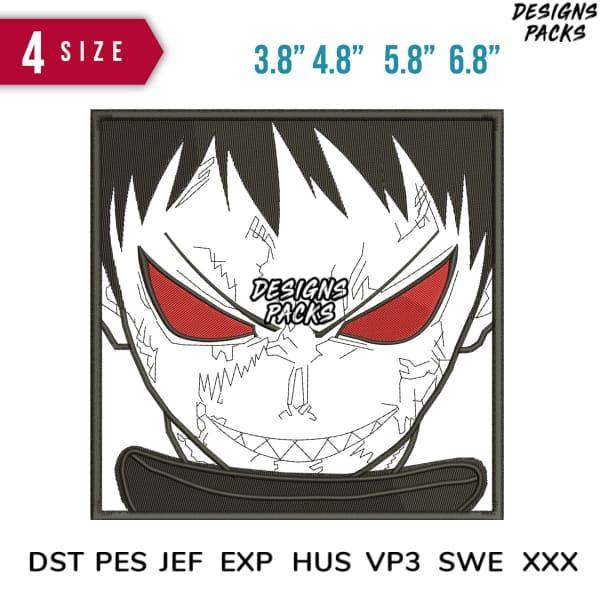 Anime-style skull embroidery design with red eyes, available in 4 sizes and multiple formats for instant download.