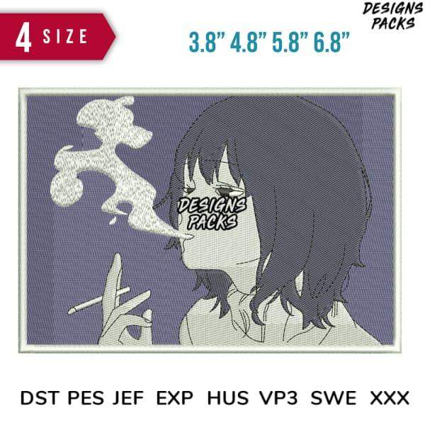 Anime girl smoking, embroidery design in DST PES formats, 4 sizes available