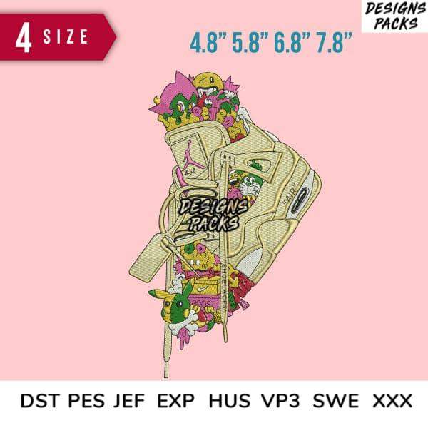 Embroidery design of sneaker with colorful cartoon characters, 4 sizes, DST PES JEF formats
