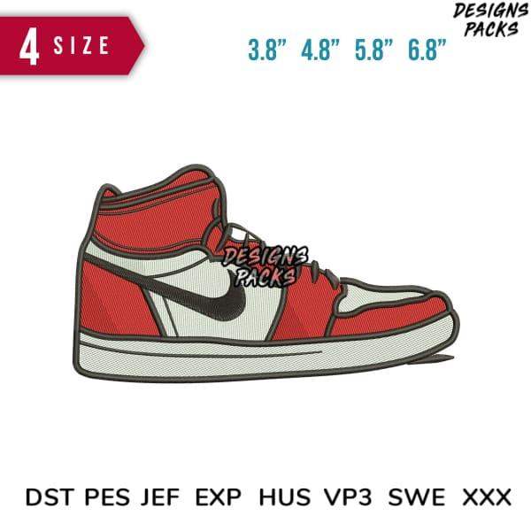 Red and white sneaker embroidery design in 4 sizes, DST PES JEF formats for instant download