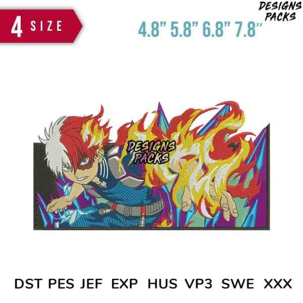 Anime character with fire effects, embroidery design in 4 sizes, DST PES JEF formats