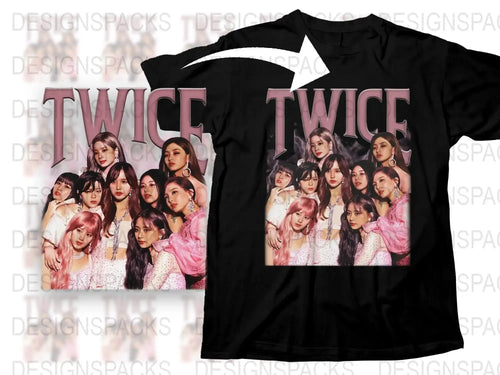 TWICE Band Graphic T-Shirt, K-Pop Music Group Fan Merch, Black Cotton Tee with Group Photo Print