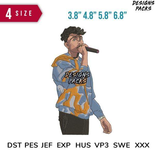 Embroidery design of rapper holding mic, available in 4 sizes & formats like PES, DST, EXP for instant download