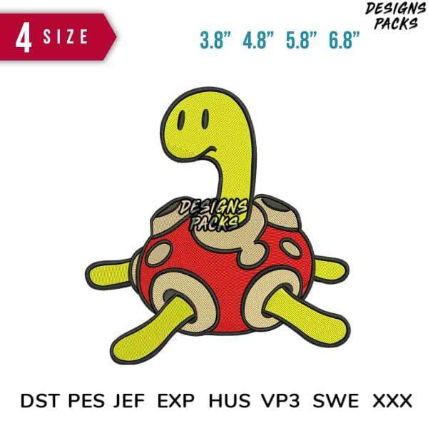 Cute cartoon turtle embroidery design in red and yellow, available in multiple sizes and formats