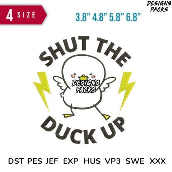 Shut the Duck Up design with lightning bolts, available in multiple sizes and embroidery formats
