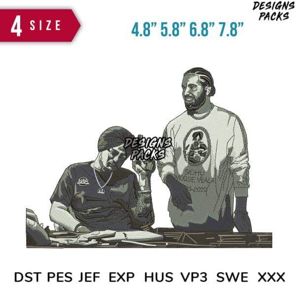 Embroidery design featuring two men, available in DST PES JEF formats, 4 sizes for instant download