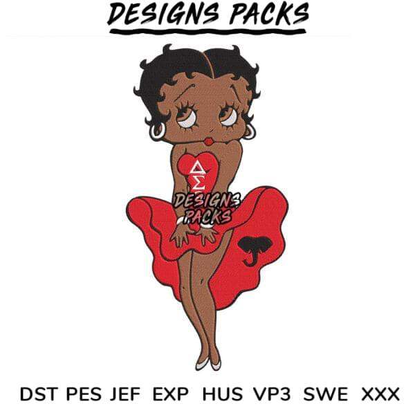 Betty Boop embroidery design in red dress, available in PES, DST, JEF formats for instant download