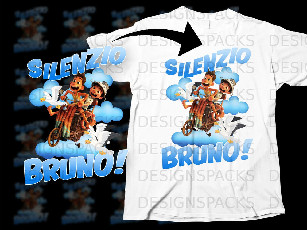 Luca and Alberto characters riding scooter with seagulls, "SILENZIO BRUNO!" text.