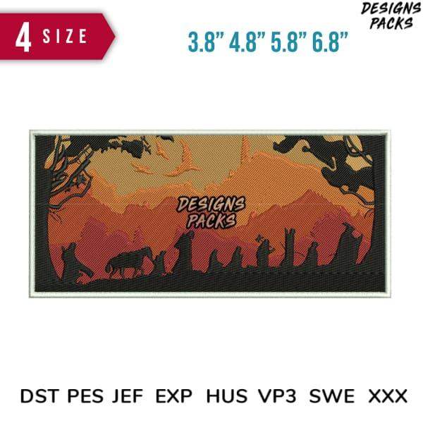 Embroidery design pack with sunset silhouettes, available in multiple sizes and formats