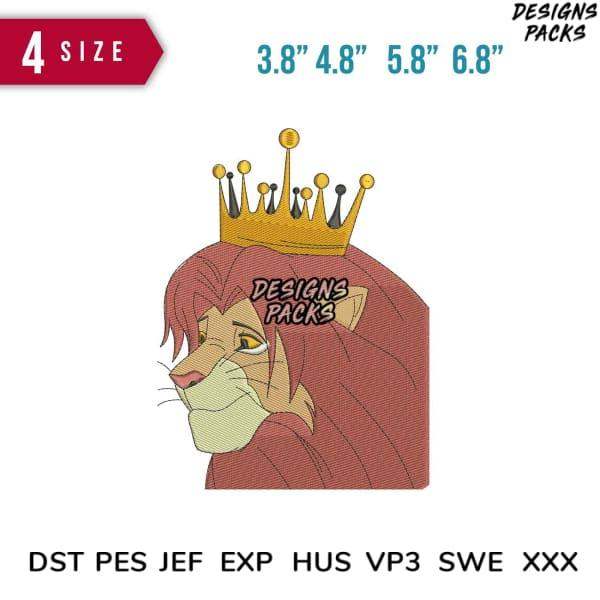Lion king embroidery design in 4 sizes, compatible with DST PES JEF formats for machine embroidery