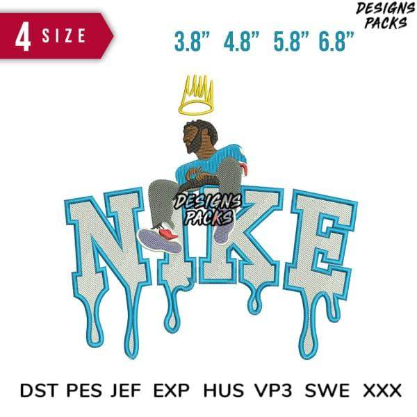 Embroidery design featuring a crowned figure atop dripping 'NIKE' text, available in multiple sizes and formats.