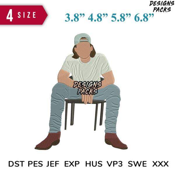 Embroidery design of person sitting on stool, available in 4 sizes & formats like PES, DST for instant download