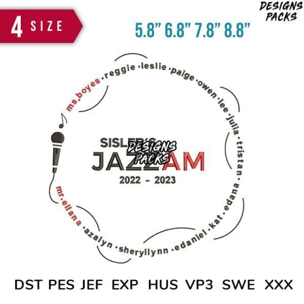 Jazz music design pack with microphone graphic, names, and embroidery formats for 2022-2023
