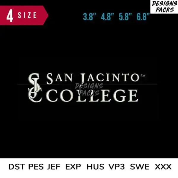 San Jacinto College logo embroidery design in 4 sizes, DST PES JEF formats for instant download