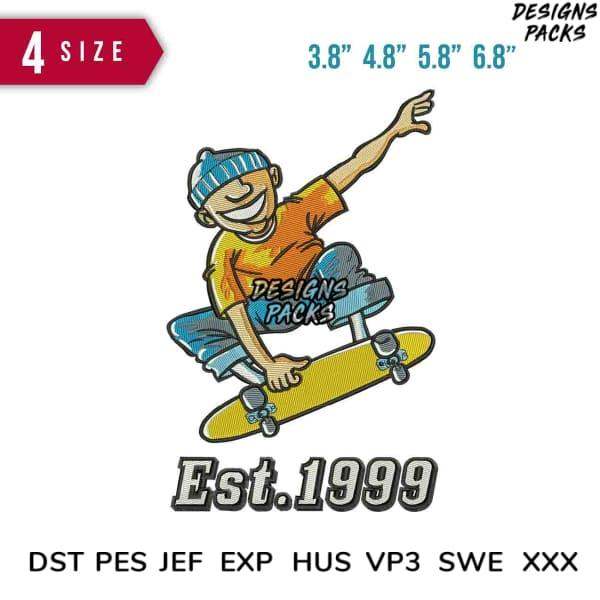 Skateboarder design in 4 sizes, print-ready embroidery formats for t-shirts and apparel