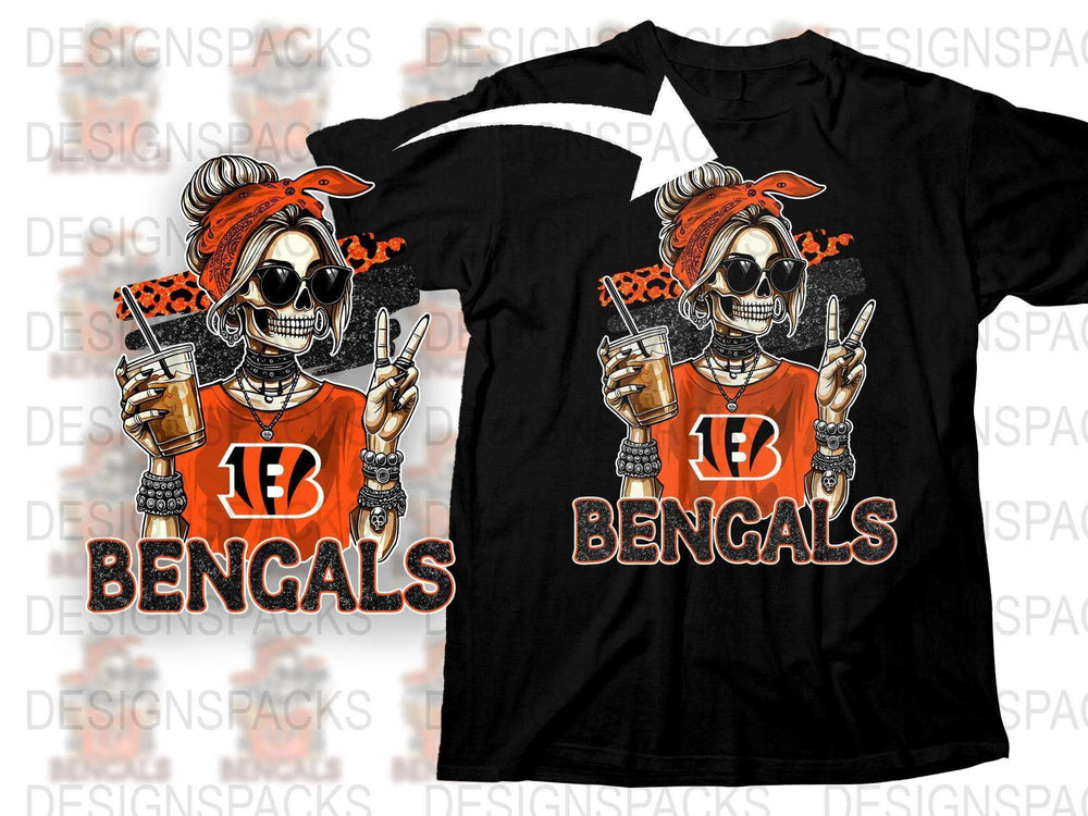 Bengals Fan Skull T-Shirt, Halloween Sports Theme Graphic Tee, Orange Black