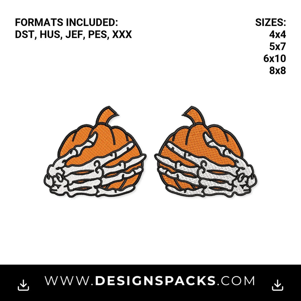 Skeleton Hands Holding Pumpkins Embroidery Design - Instant digital download pattern at Designspacks.com