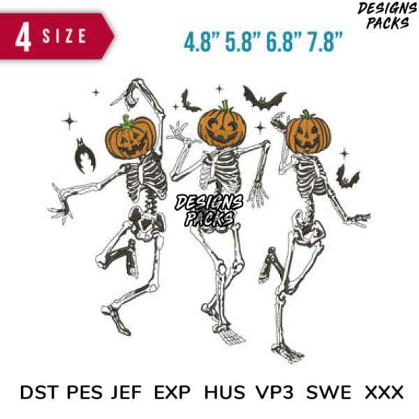 Halloween skeleton with pumpkin head, dancing, in 4 sizes, embroidery formats DST PES JEF EXP