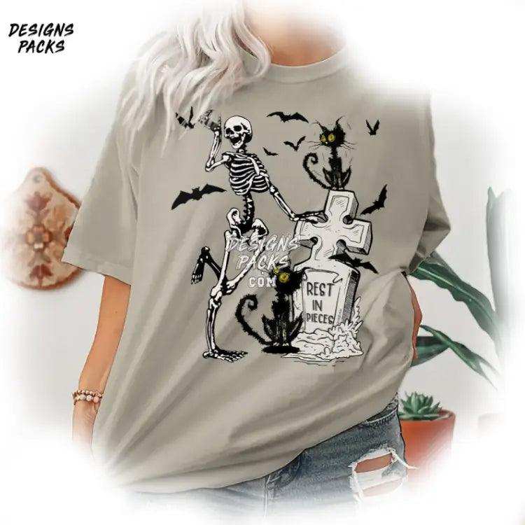 Skeletons Black Cat Halloween Rest In Pieces Png Design