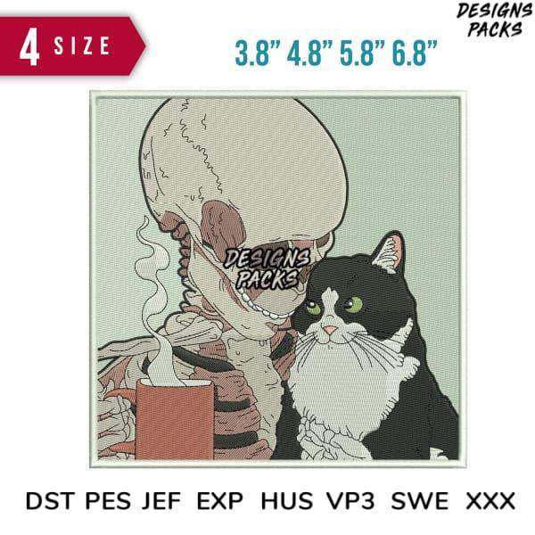 Skeleton sipping coffee beside black-and-white cat, embroidery design in multiple sizes