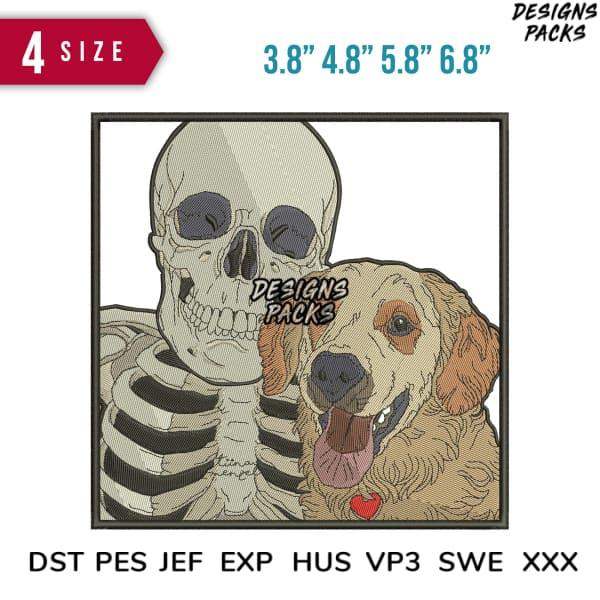 Skeleton and golden retriever embroidery design in 4 sizes, DTF/DTG ready, PES SVG formats