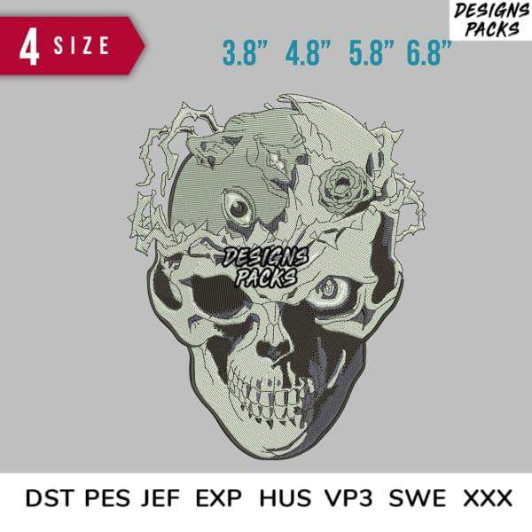 Skull with rose design in 4 sizes, print-ready for embroidery & DTF/DTG, formats: DST PES JEF EXP