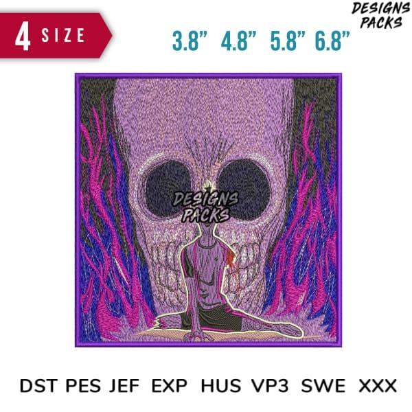 Embroidery design of purple skull with meditating figure, 4 sizes, DST PES JEF formats