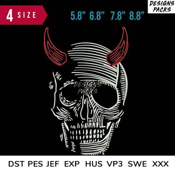 Devil skull design with red horns, available in 4 sizes for embroidery and DTG printing.