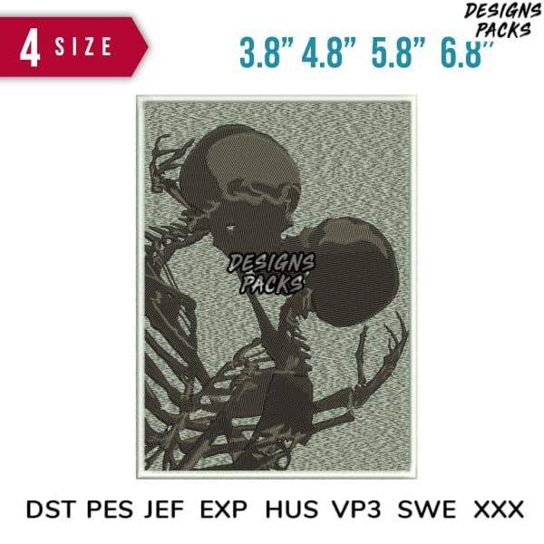 Embroidery design of skeleton holding skull, available in 4 sizes & multiple formats like PES, DST, EXP