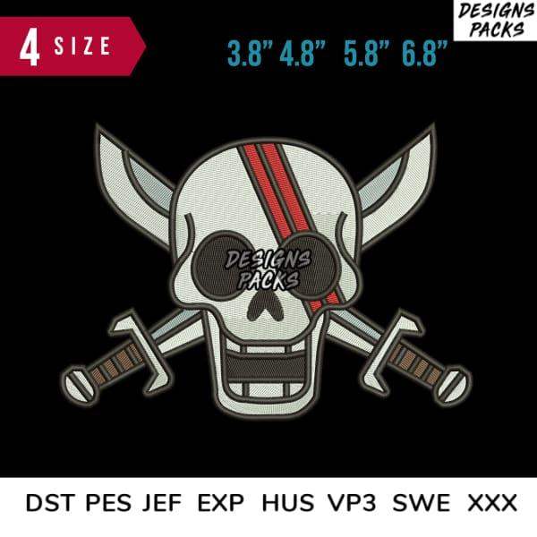 Skull with crossed swords embroidery design in 4 sizes, available in DST PES JEF formats for instant download.